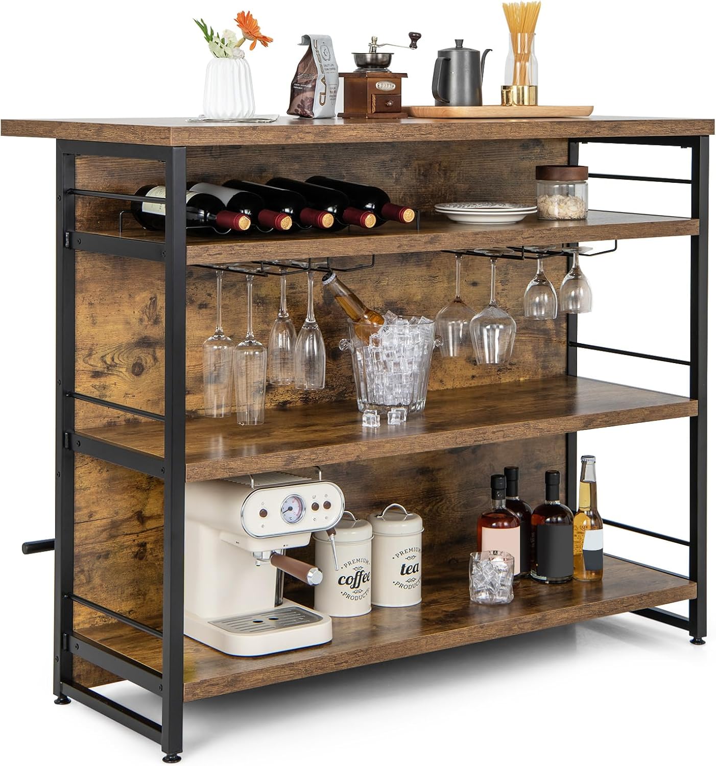 COSTWAY Hausbar Schrank, Küchenregal mit 4 offenen Ablagen & Weinregal & Gläserhalter, Standregal 120 x 60 x 101 cm, Barschrank mit Fußstütze & verstellbaren Fußpolstern (Rustikales Braun)