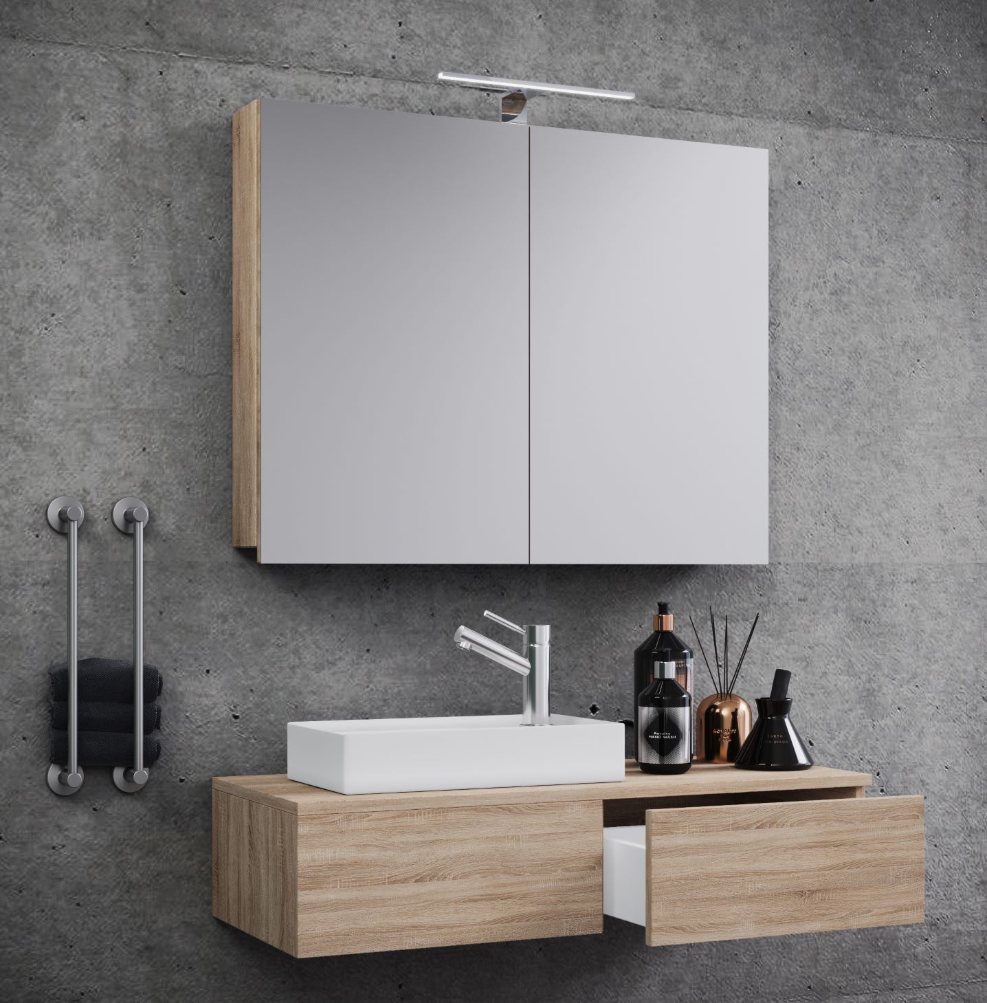 3-teiliges Badmöbel-Set GUDAS - Sonoma-Eiche - mit Spiegelschrank