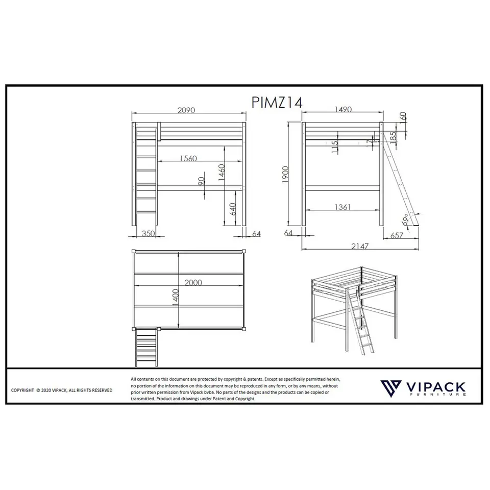Vipack hoogslaper Pino - wit - 209x215x190 cm