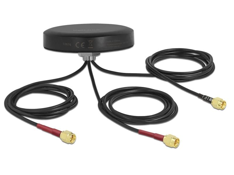 Delock LTE/WLAN/GPS-Antenne LTE MIMO Dualband SMA 2 dBi Run Delock LTE MIMO Dualband WLAN 802.11 ac/ax/a/h/b/g/n Antenne 3 x SMA Stecker RG-174 1 m Schraubmontage outdoor schwarz