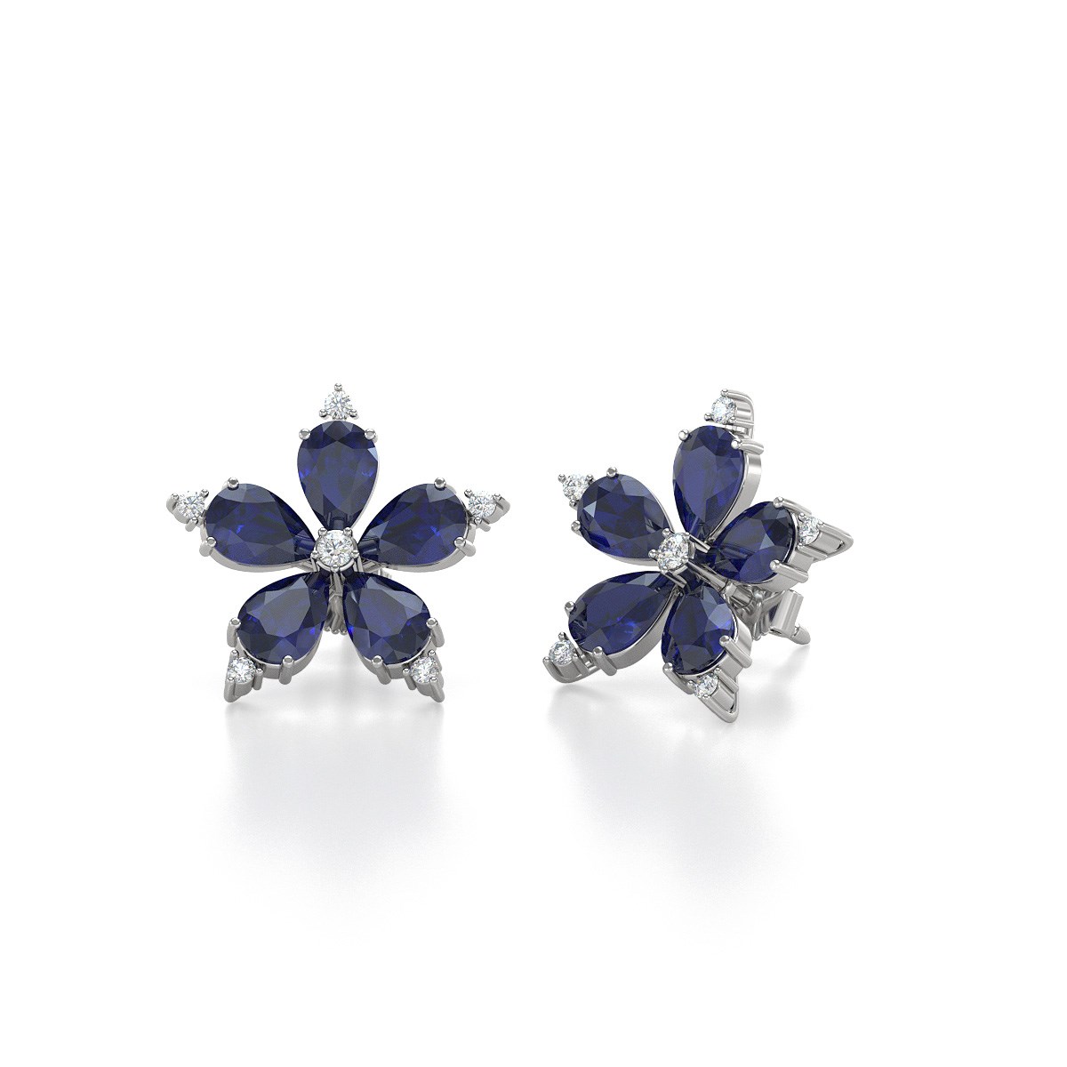 Boucles d'oreilles ADEN Fleur Saphir et Diamants sur Argent 925 4.52grs