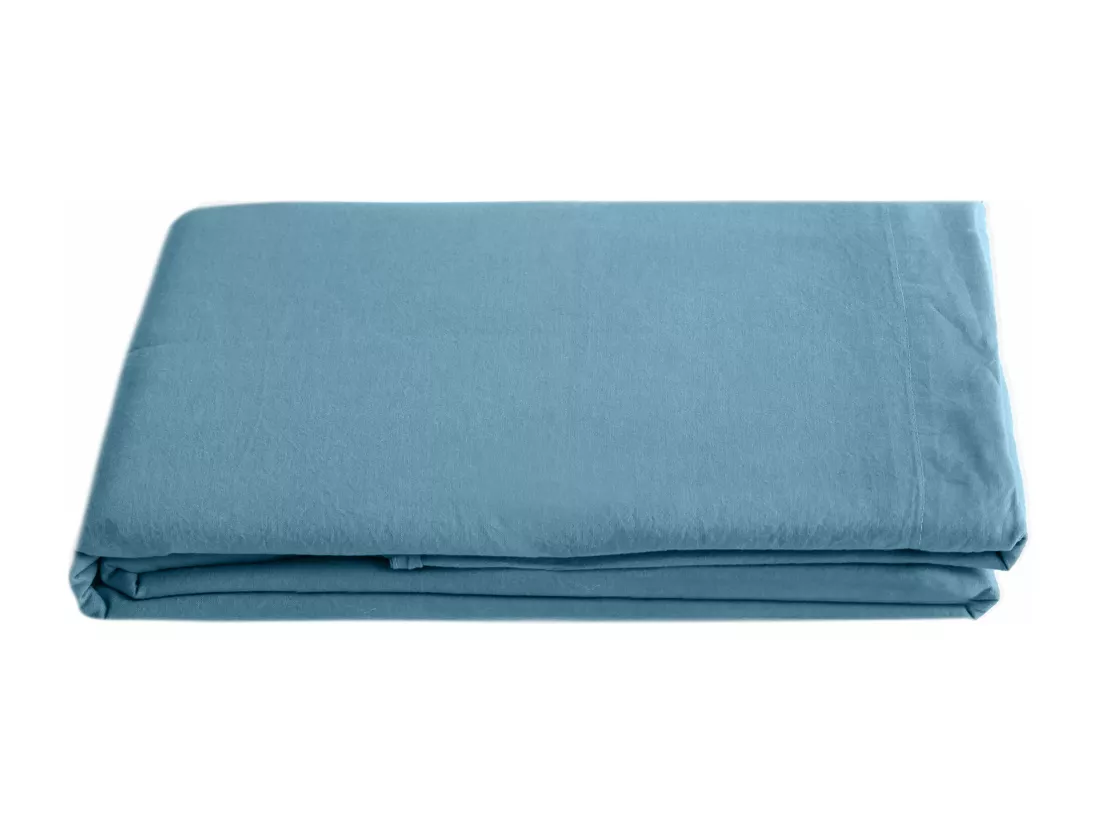 Drap plat uni 270x300 cm lin lavé froissé SONATE bleu Topaze