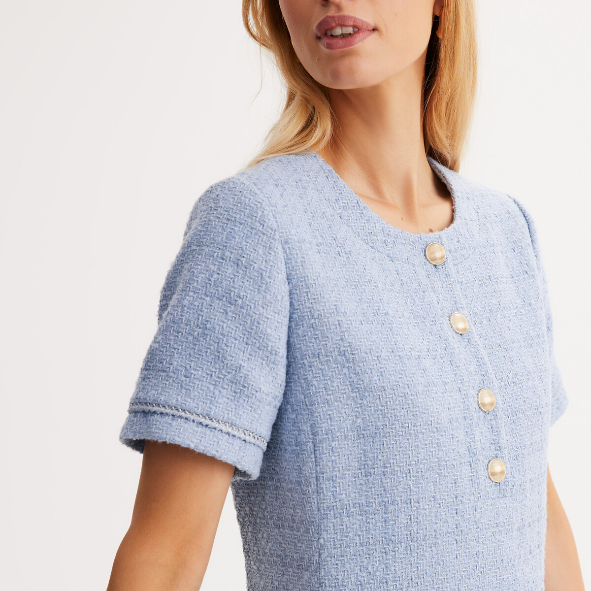 ANNE WEYBURN<br>Vestido reto de tweed, comprimento midi, mangas curtas