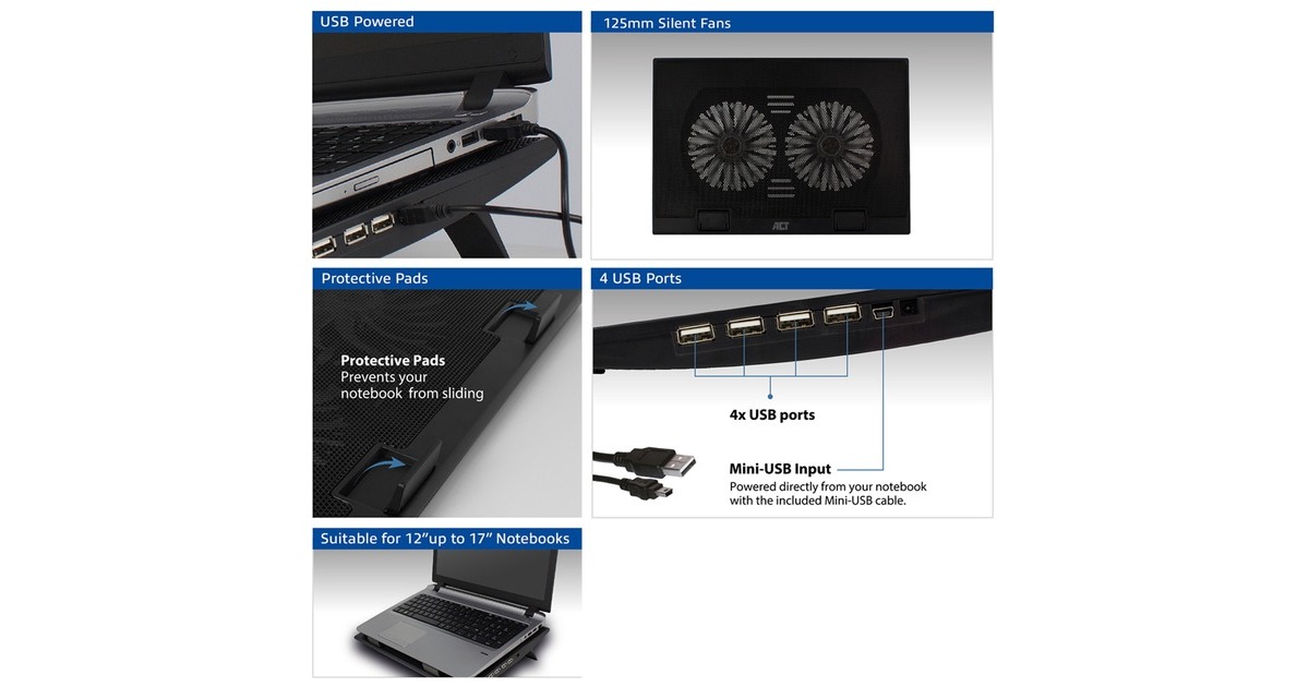 ACT ConnectivityLaptopstandaard, met ventilator, hoogte verstelbaar in 2 standen  (Zwart, 4-poorts USB 2.0 hub)