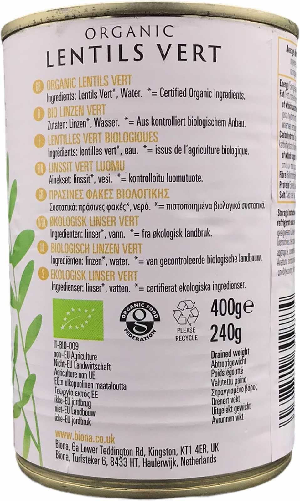 Lentilhas verdes orgânicas Biona 400g