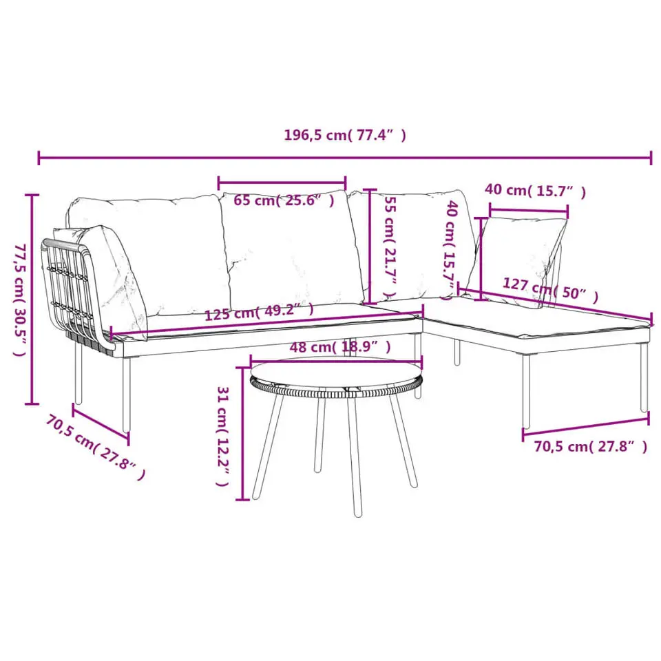 vidaXL - Loungeset - Donkergrijs - Poly rattan - 3 stuks - Met kussens