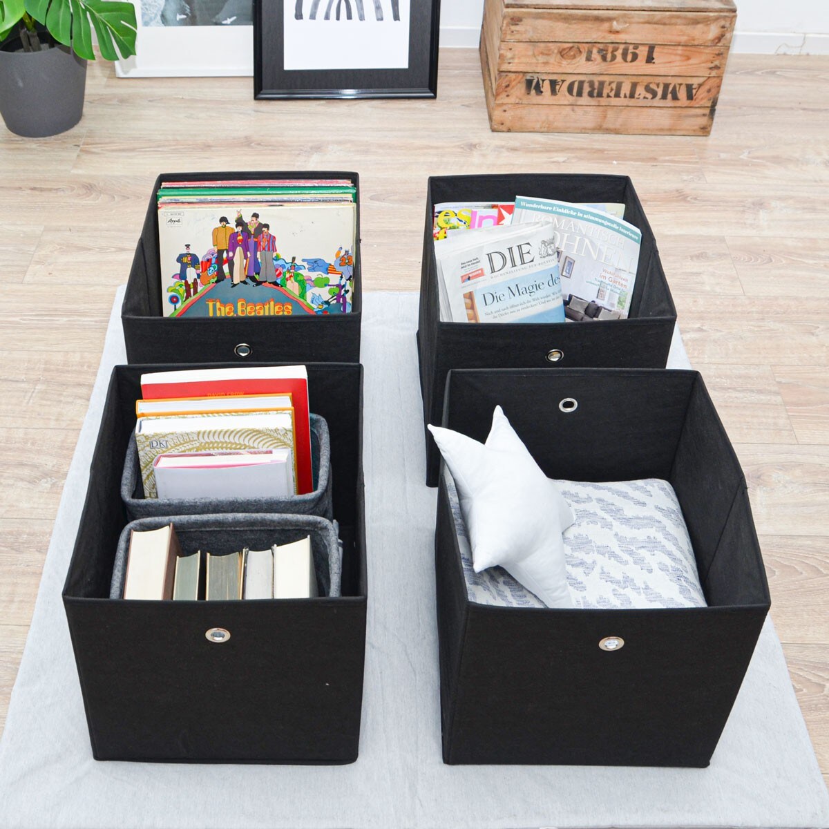 4er Set Aufbewahrungsbox für Kallax Regal 33x38x33 mit Öse Faltbox Schwarz