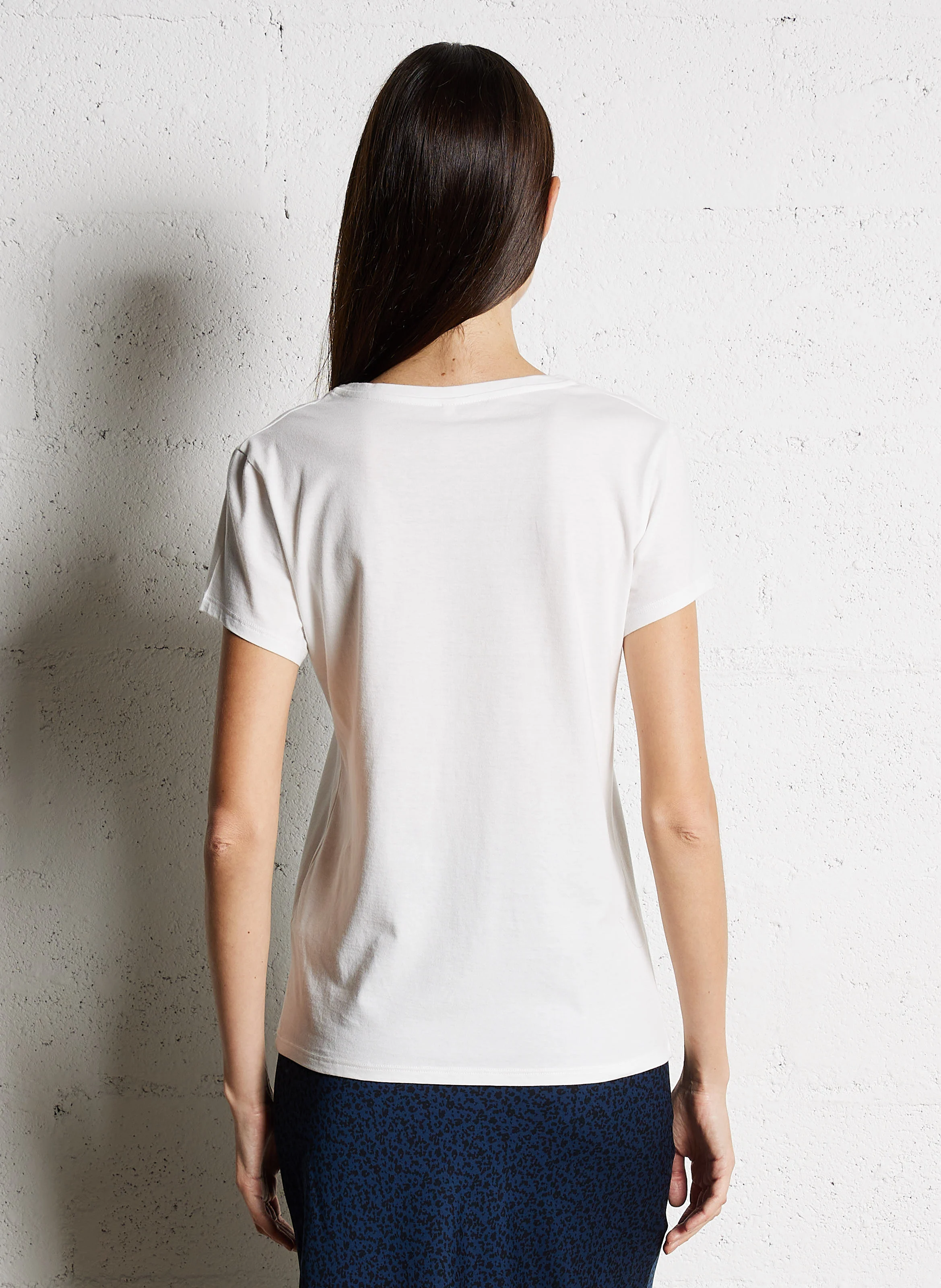 Tee-shirt col V droit en coton sérigraphié | Blanc
