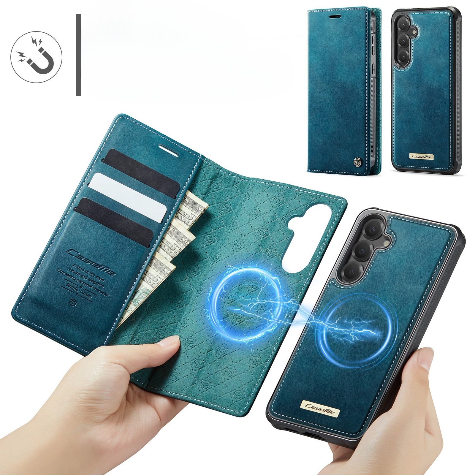 Samsung Galaxy S25 / S24 2in1 Leder Tasche   Magnet Hardcase Karten Etui MagSafe-Modul (RFID Schutz) - Blau