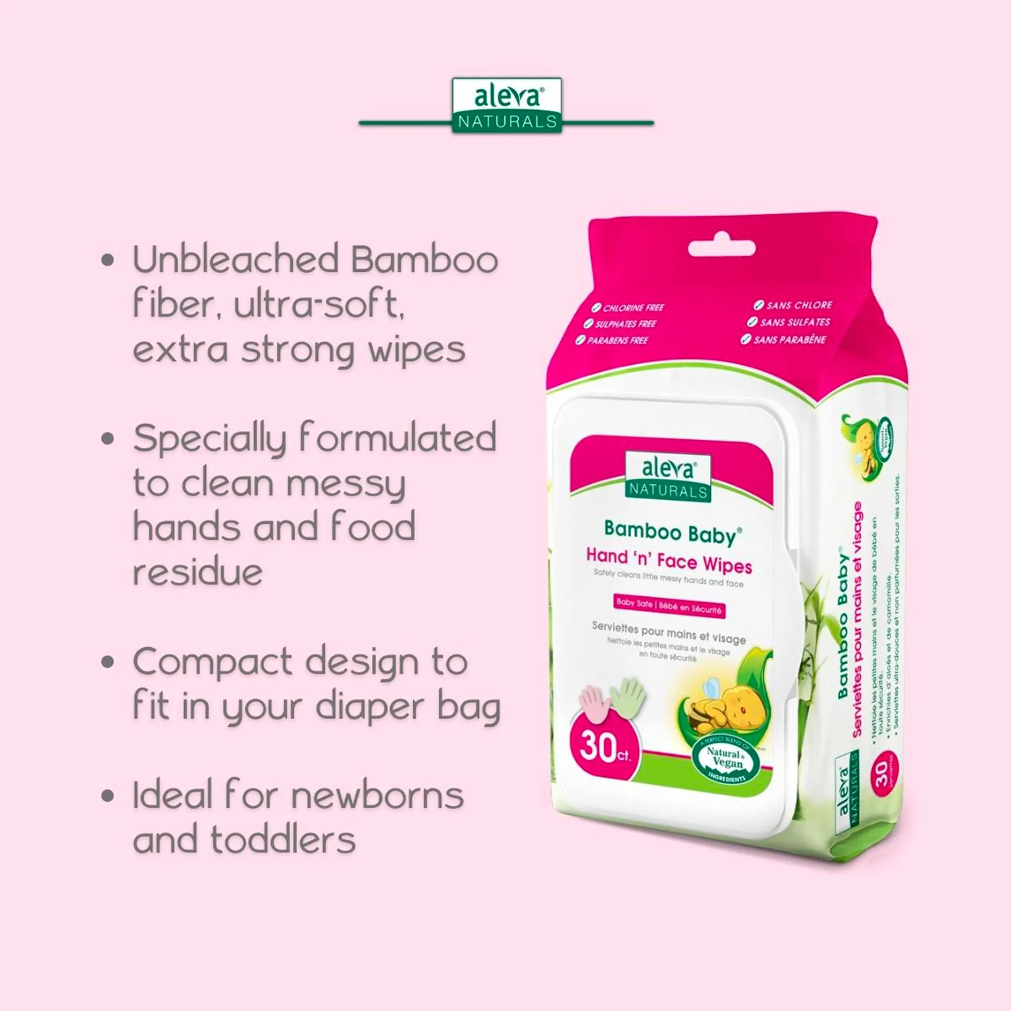 Aleva Naturals Serviettes Lingettes Paquet de 30 Bambou Main Visage