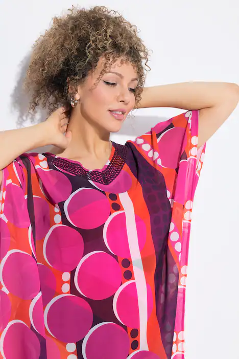 Tunika, Chiffon, Punkte, Oversized, V-Ausschnitt, Halbarm, hibiskuspink