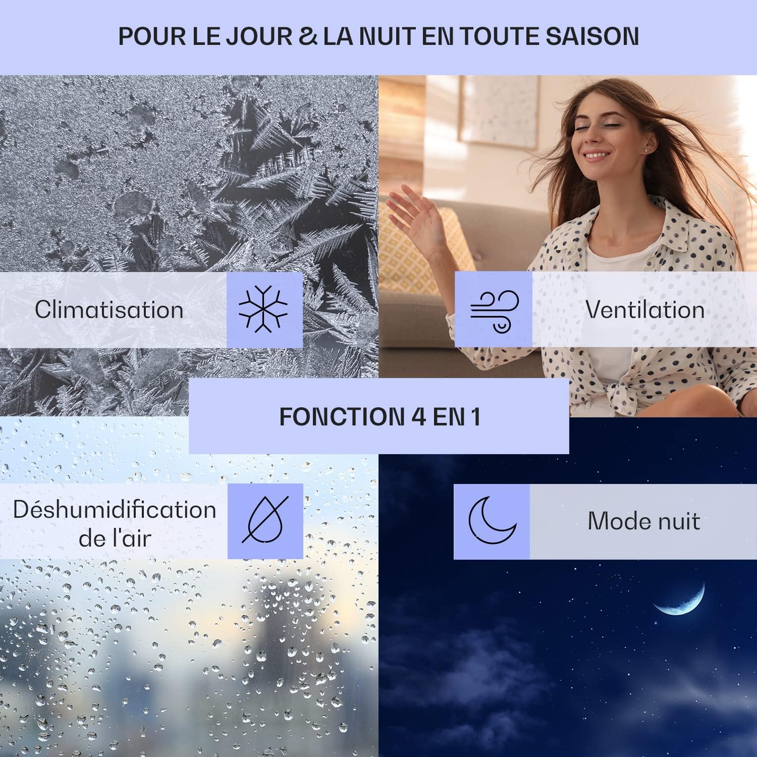 Klarstein Climatiseur Mobile Silencieux, 4 en 1, Mode Nuit, Déshumidificateur, Ventilateur, Mini Climatisation à Faible Conso, Evacuation, Clim Portable, Puissante, 10000 BTU