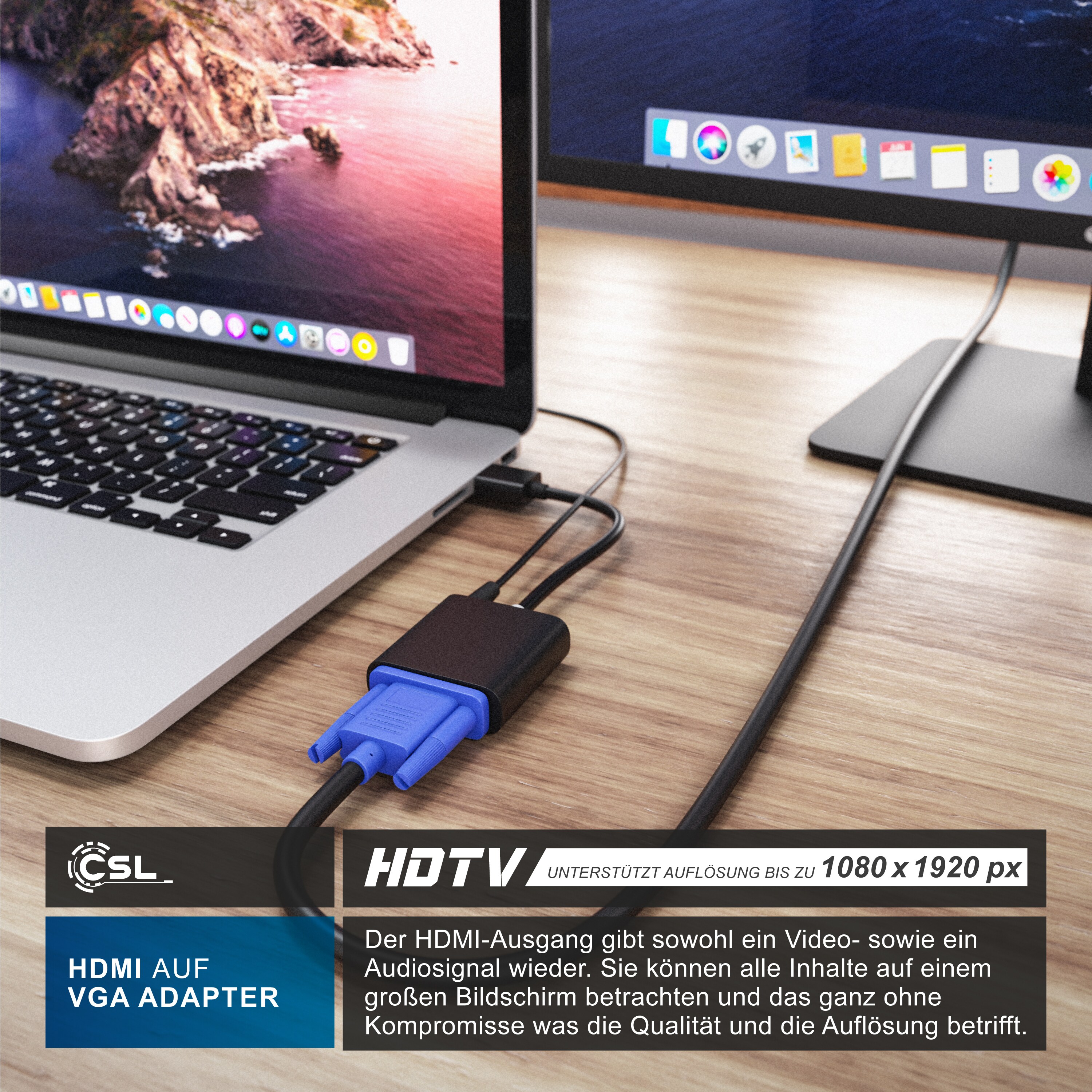 CSL HDMI auf VGA, 3,5-mm-Klinke Audio- & Video-Adapter, 10 cm, Konverterkabel 1080p, digital zu analog