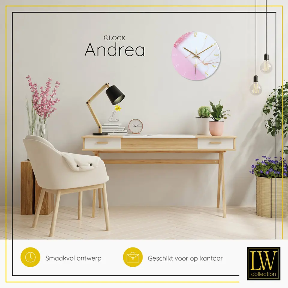 LW Collection Keukenklok Andrea wit roze 30cm