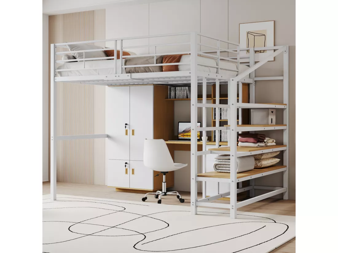 Lit mezzanine 140 x 200 cm avec grand escalier - Métal + Contreplaqué + MDF - Sommier à lattes - Blanc