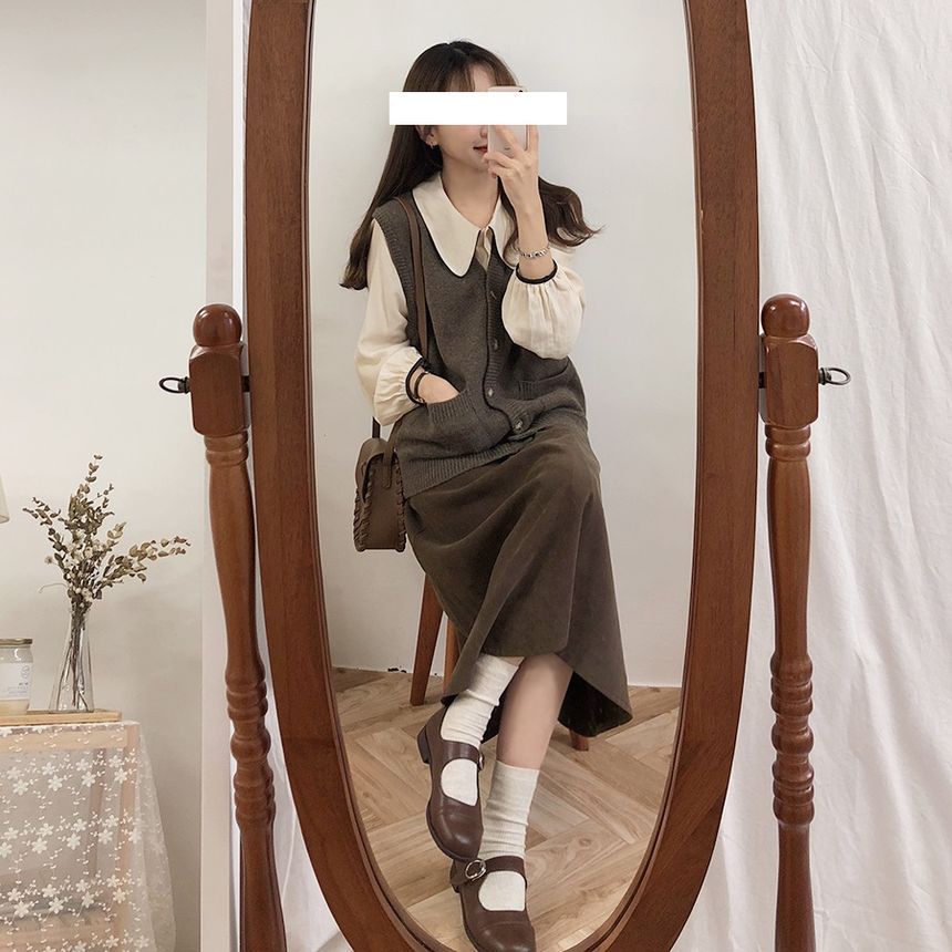 Tangihouse - V-hals gebreid vest / babydoll blouse met lange mouwen / effen midi-rok (diverse ontwerpen)