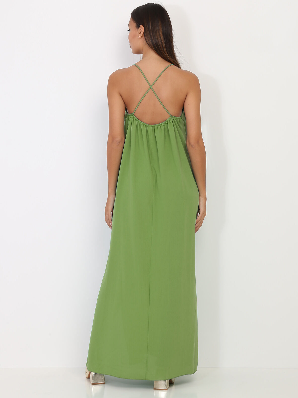 Robe longue fendue à dos croisé- Vert olive