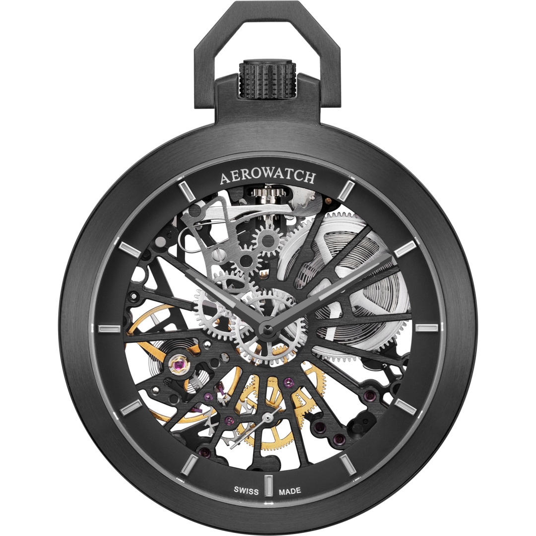 Aerowatch Taschenuhr Lépine Mechanical Skeleton Schwarz Ø 48mm