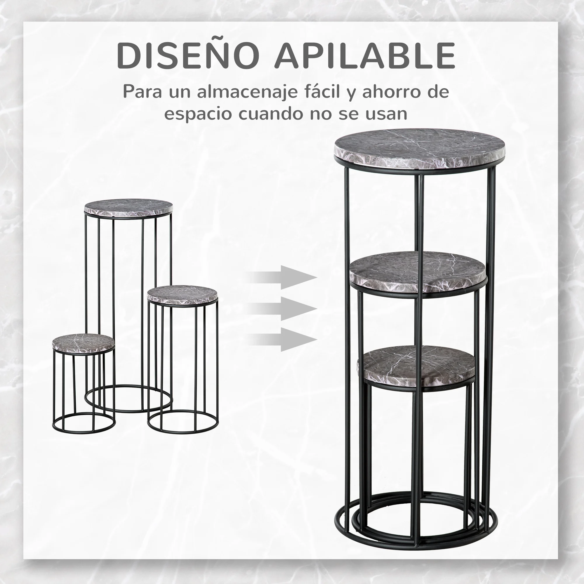 Suportes de metal para plantas Outsunny, conjunto de 3 peças empilháveis com efeito mármore, ideais para uso interno e externo, Ø30,5 x 70,5 cm, cinza e preto.