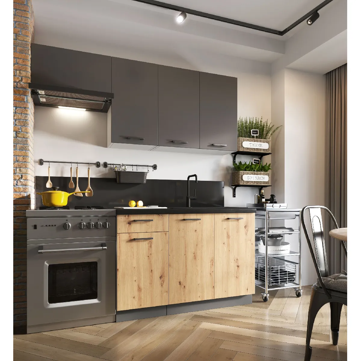 Pegane Cuisine Celia 5 éléments - Gris Mat/Chêne Artisan