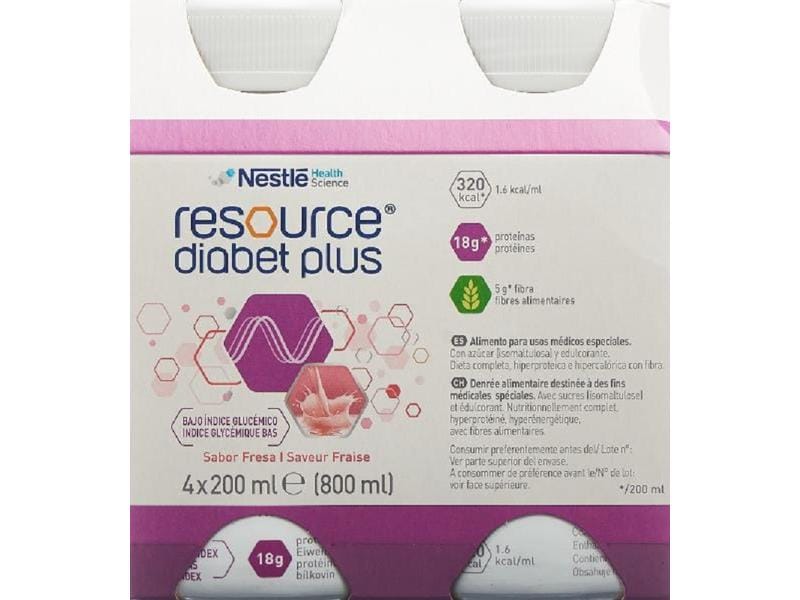 Resource Diabet Plus Erdbeer 4 x 200 ml Hochkalorische Trinknahrung für besondere medizinische Zwecke
