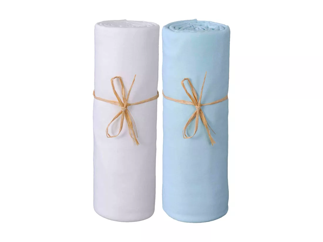 Lot de 2 draps housses bébé jersey bio blanc et bleu 70x140