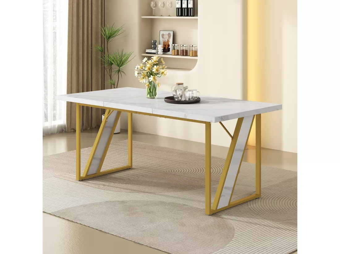Table à manger rectangulaire 4 à 6 couverts - 160 x 80 x 75 cm - MDF et pièds en métal - Effet marbre - Blanc + or