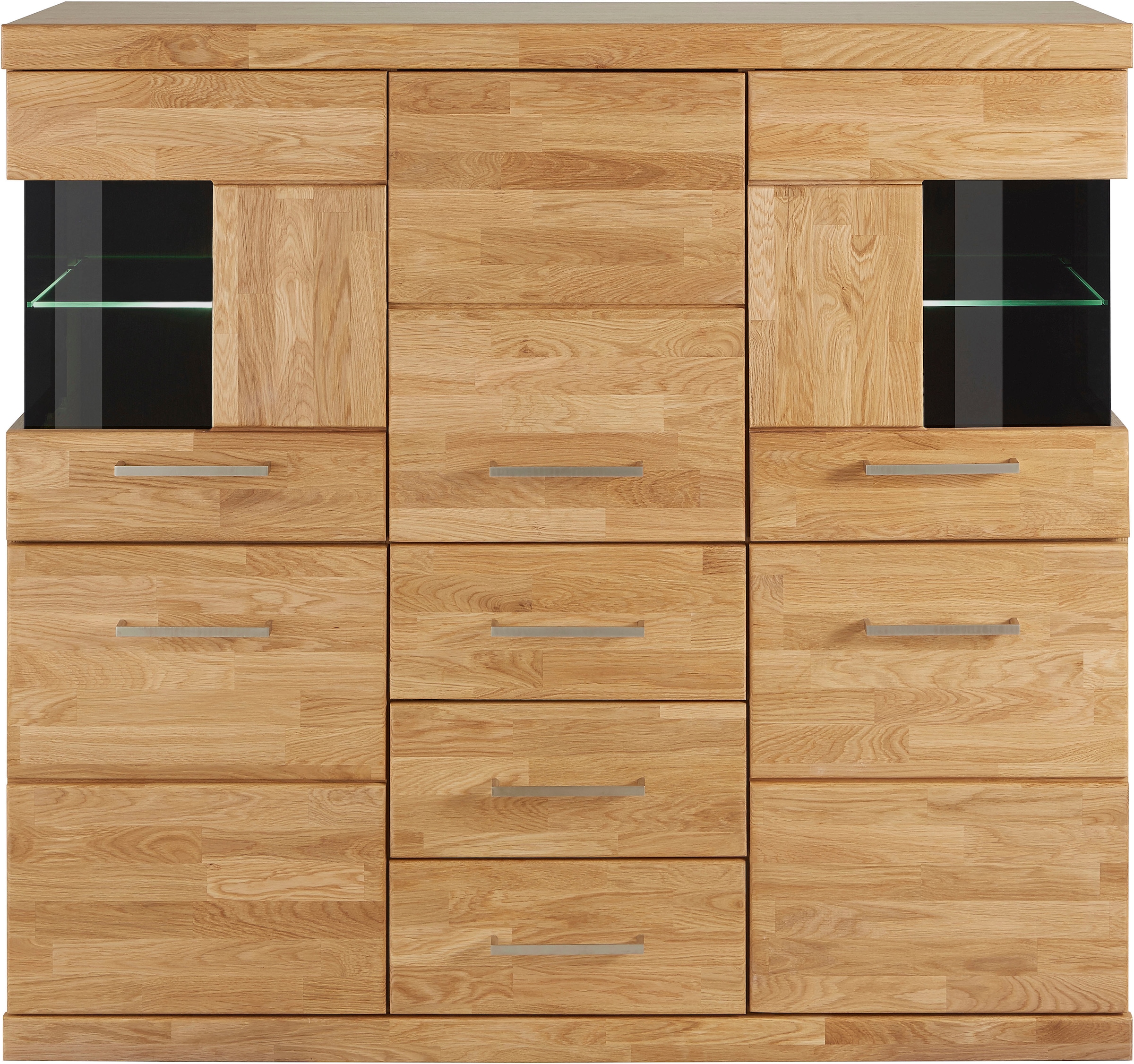 Home affaire Highboard »Ribe,125cm breit,115cm hoch, Fronten Massivholz,5Türen,3 Schubladen« Holz massiv, Holzwerkstoff, Metall Griffe,10Fächer, Böden versetzbar