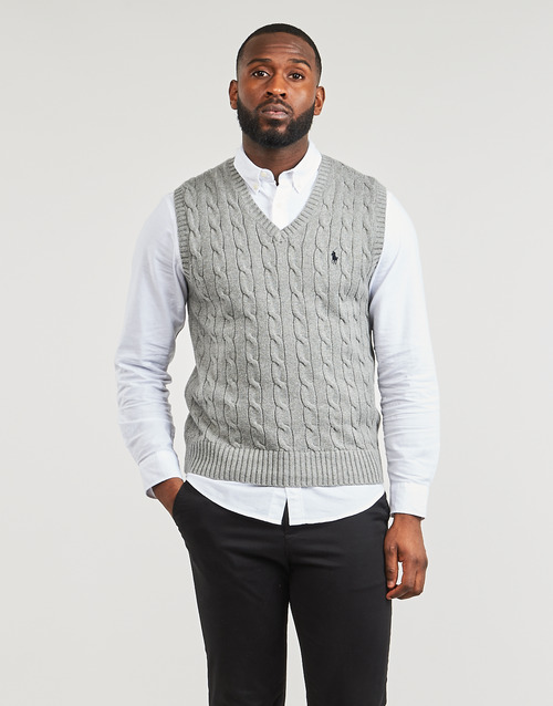 Polo Ralph Lauren - PULL COTON CABLE COL V SANS MANCHE Gris / China / Fawn / Gris / Heather