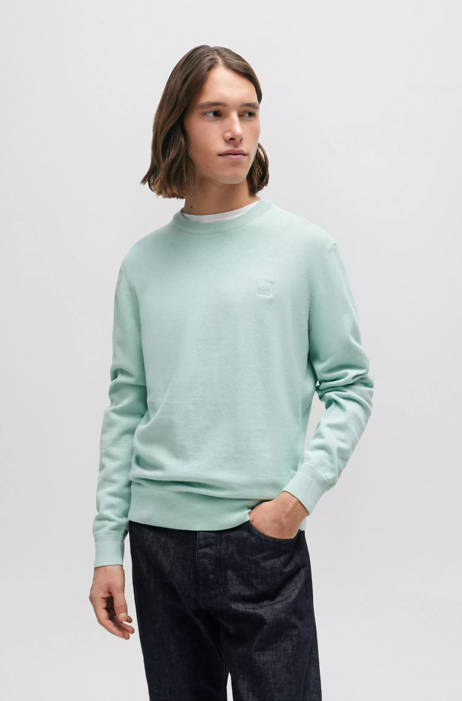 Suéter BOSS laranja de gola redonda em algodão e cashmere com logotipo.