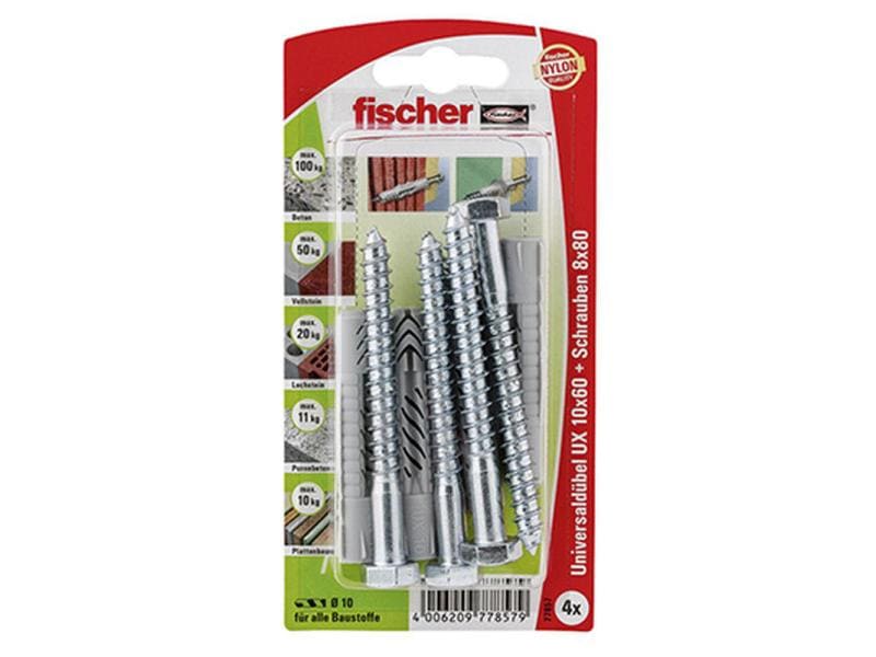 Fischer Universaldübel  UX 10 x 60 S, 4 Stück Universelle Nylondübel ohne Rand