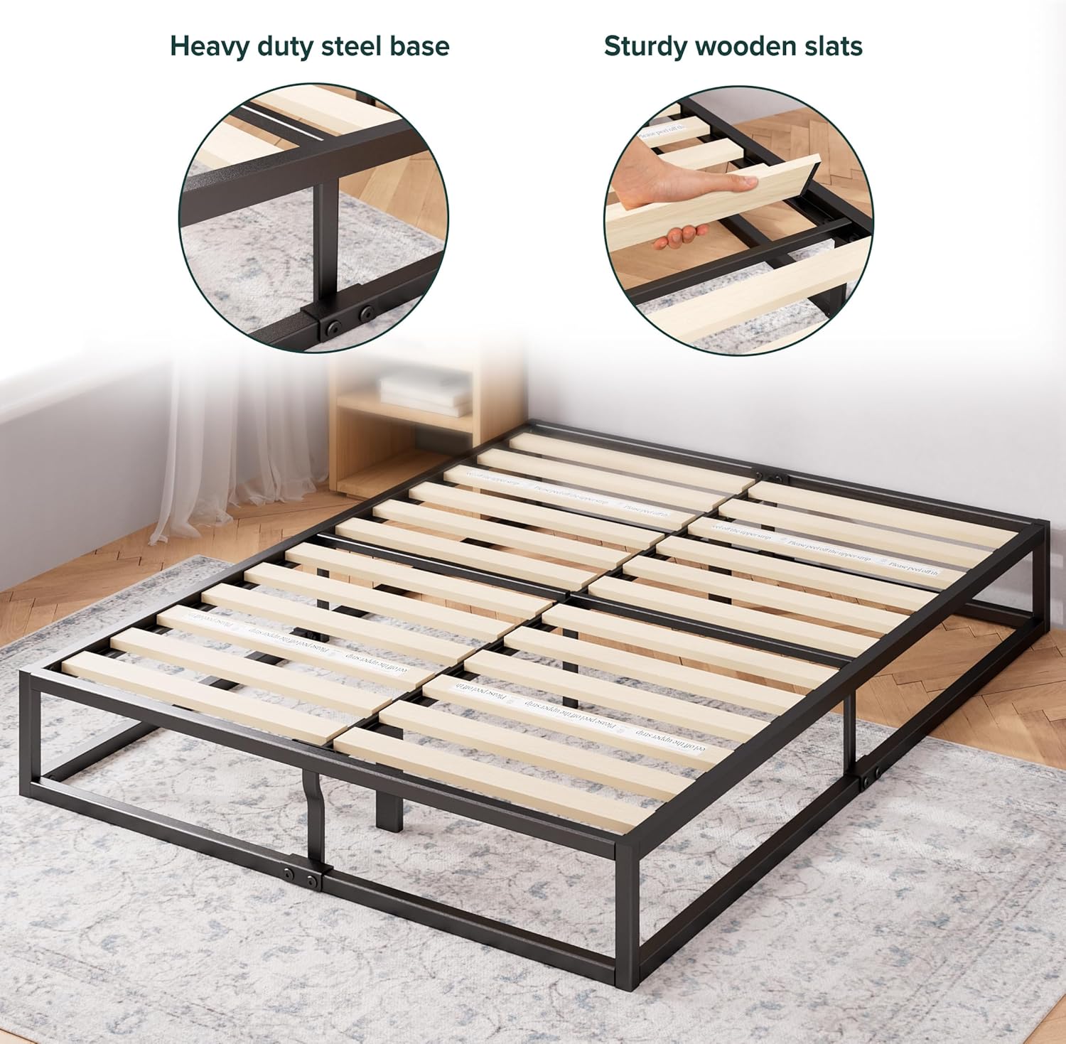 Zinus Joseph Bettgestell 180x200cm - Metallbett 180x200 mit Lattenrost aus Holz - 25 cm Hohe Plattform mit Freiraum Darunter - Kompakte Verpackung & Einfache Montage - Schwarz