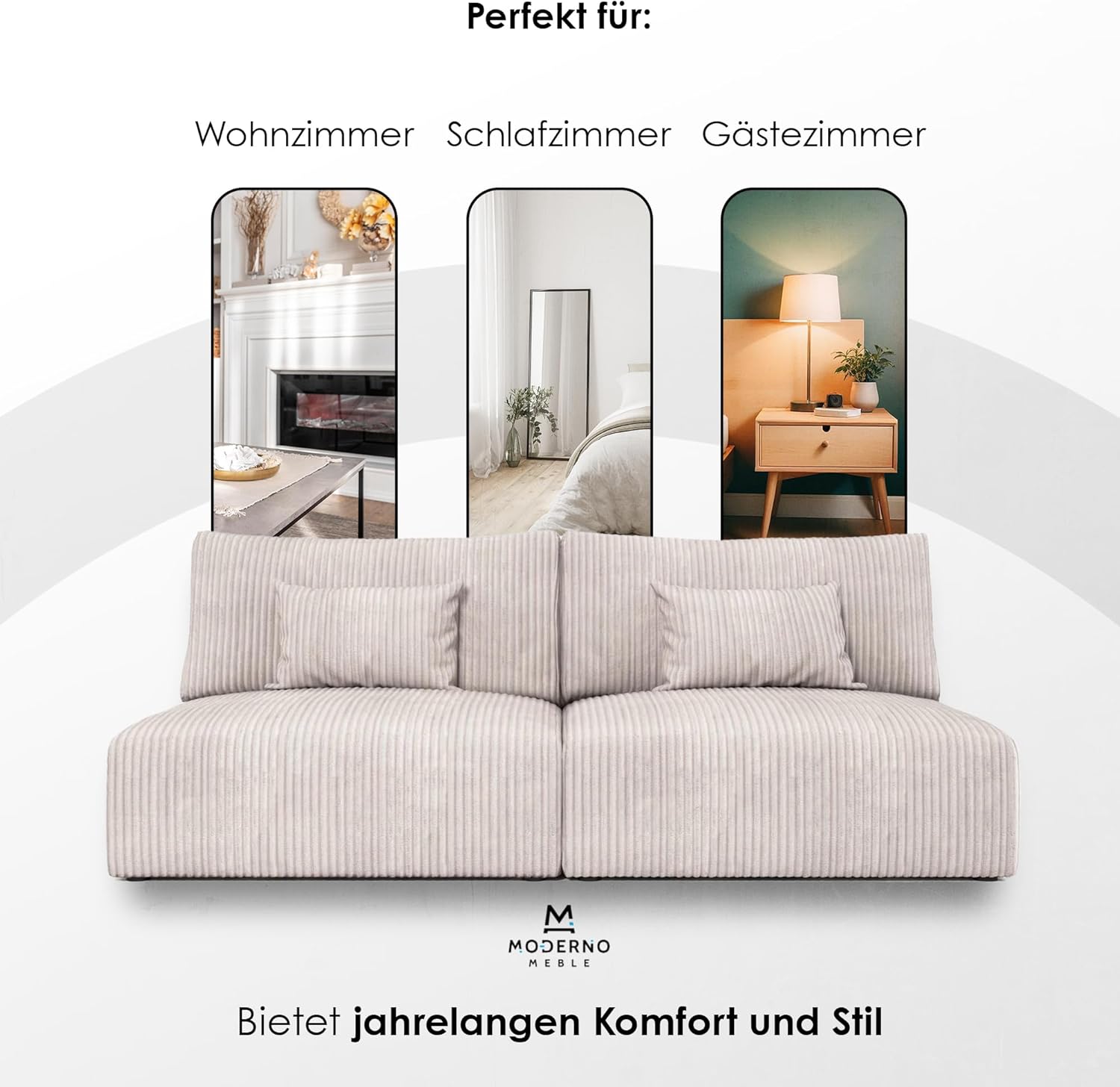 Moderno Sofa mit Schlaffunktion Modulo - Modern Cord Sofa mit 2 Sitzen und Robusten Überzug - Modular Schlafcouch - Couch mit Bettzeugcontainern - 210x80x108 cm - Creme