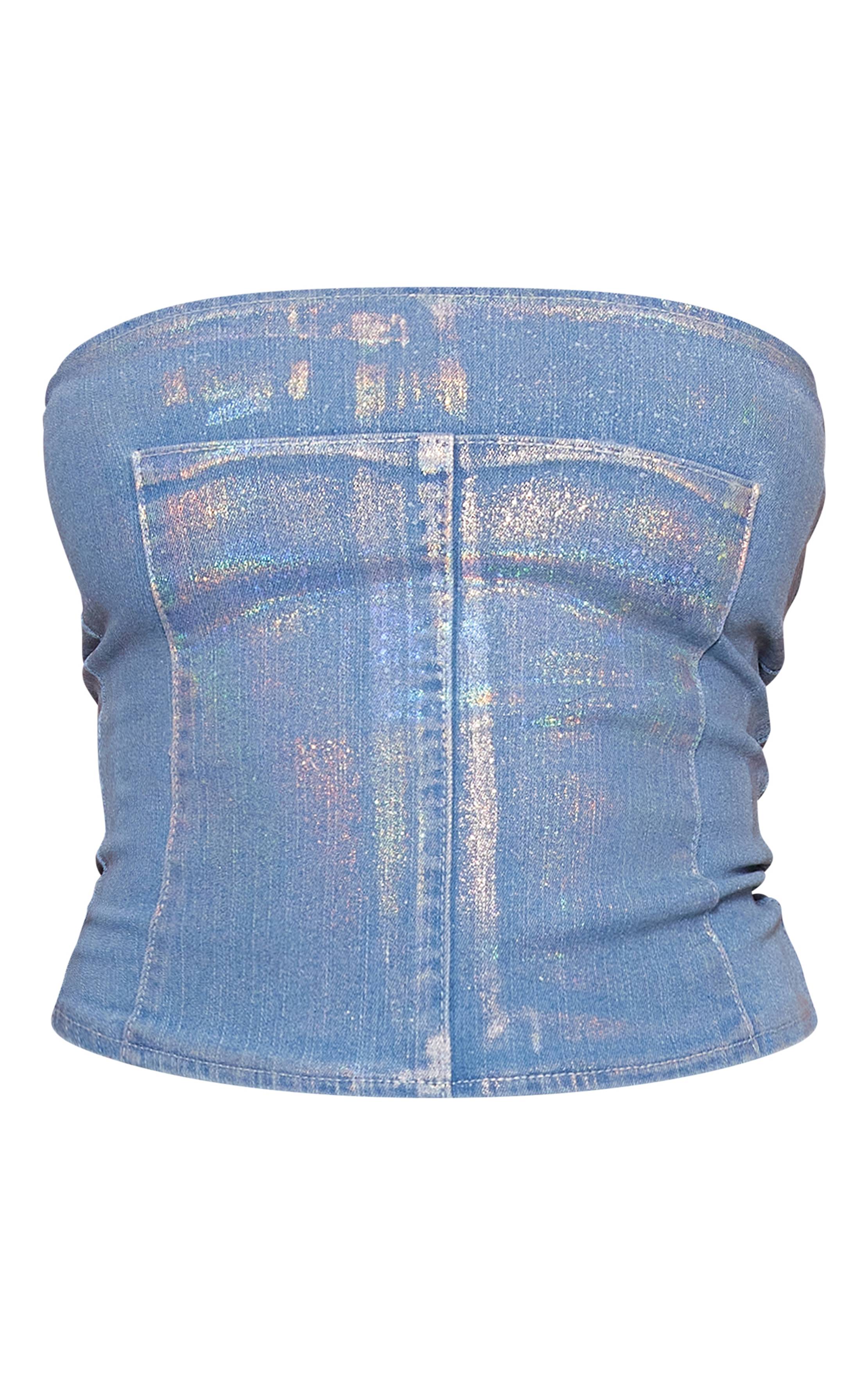 Bleu Haut Long À Panneaux En Denim Métallisé Petite