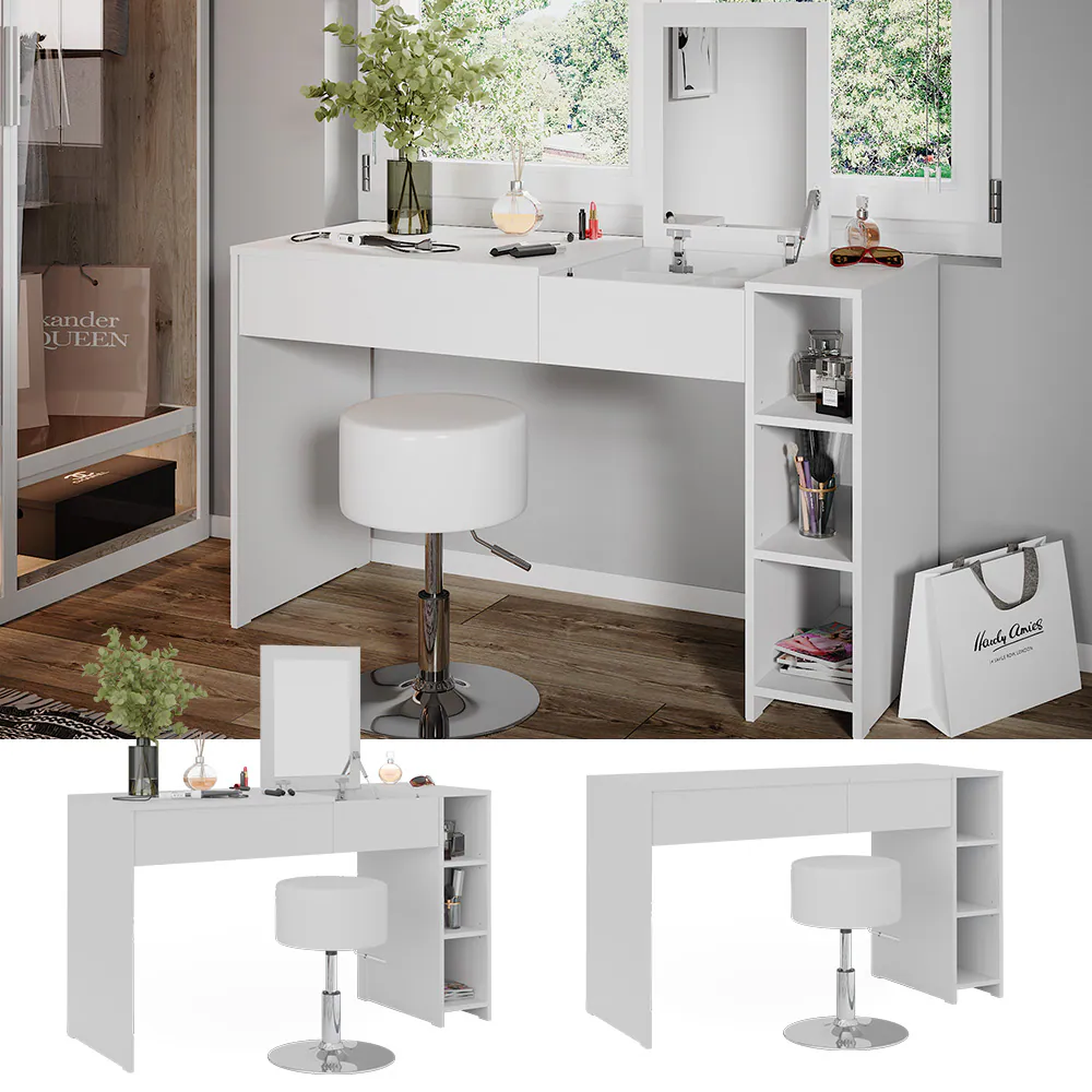 Vicco Schminktisch Kira, 129 x 76 cm, Weiß, Frisiertisch inkl. Spiegel und Hocker, modern