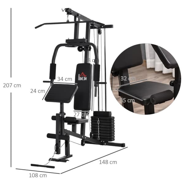 Gym Multigym Treningsutstyr Treningsstasjon Treningssenter Inkludert Vekter Med Rullepolstring Stål Kunstskinn Svart 148 X 108 X 207 Cm