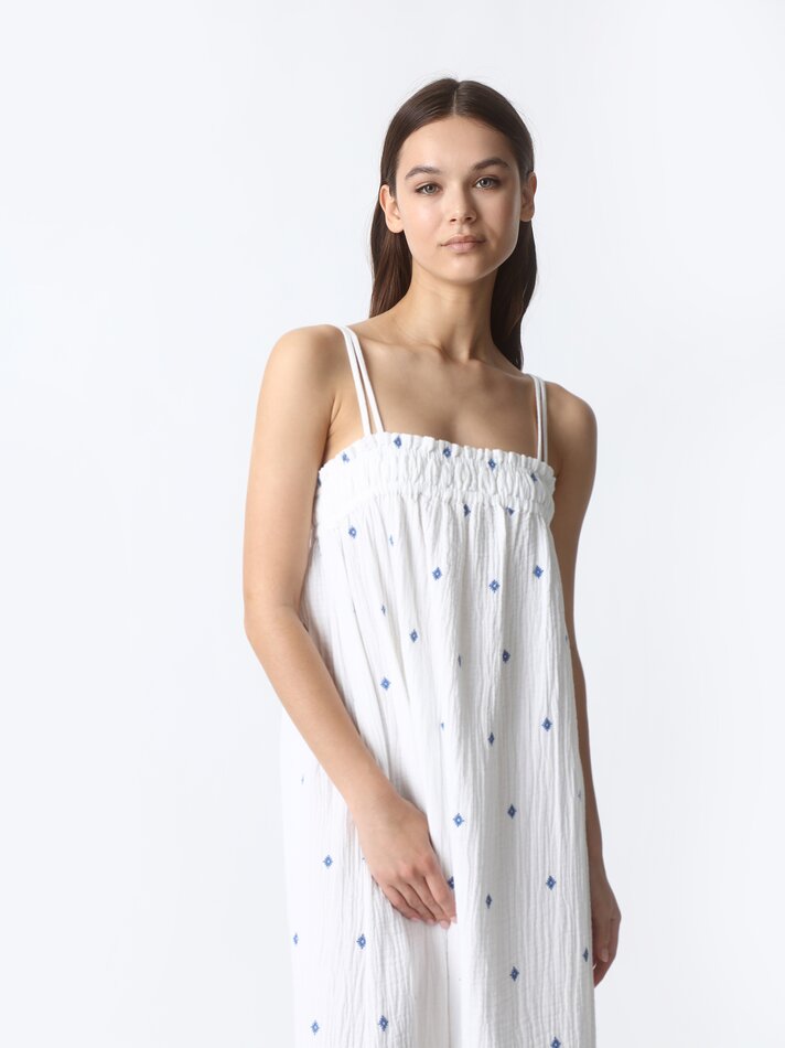 Vestido longo com bordado - Branco-creme