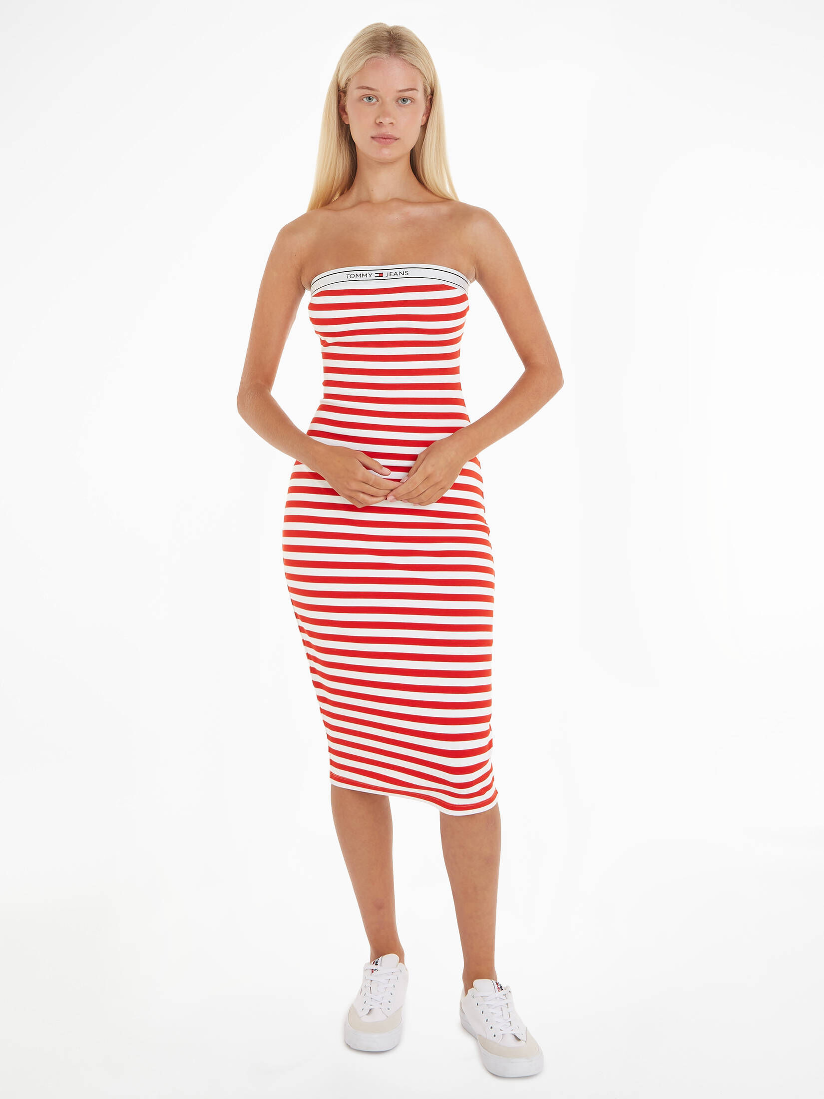 Tommy Jeans| Damen Sommerkleid TJW LOGO TAPE STRIPE TUBE DRESS schulterfrei