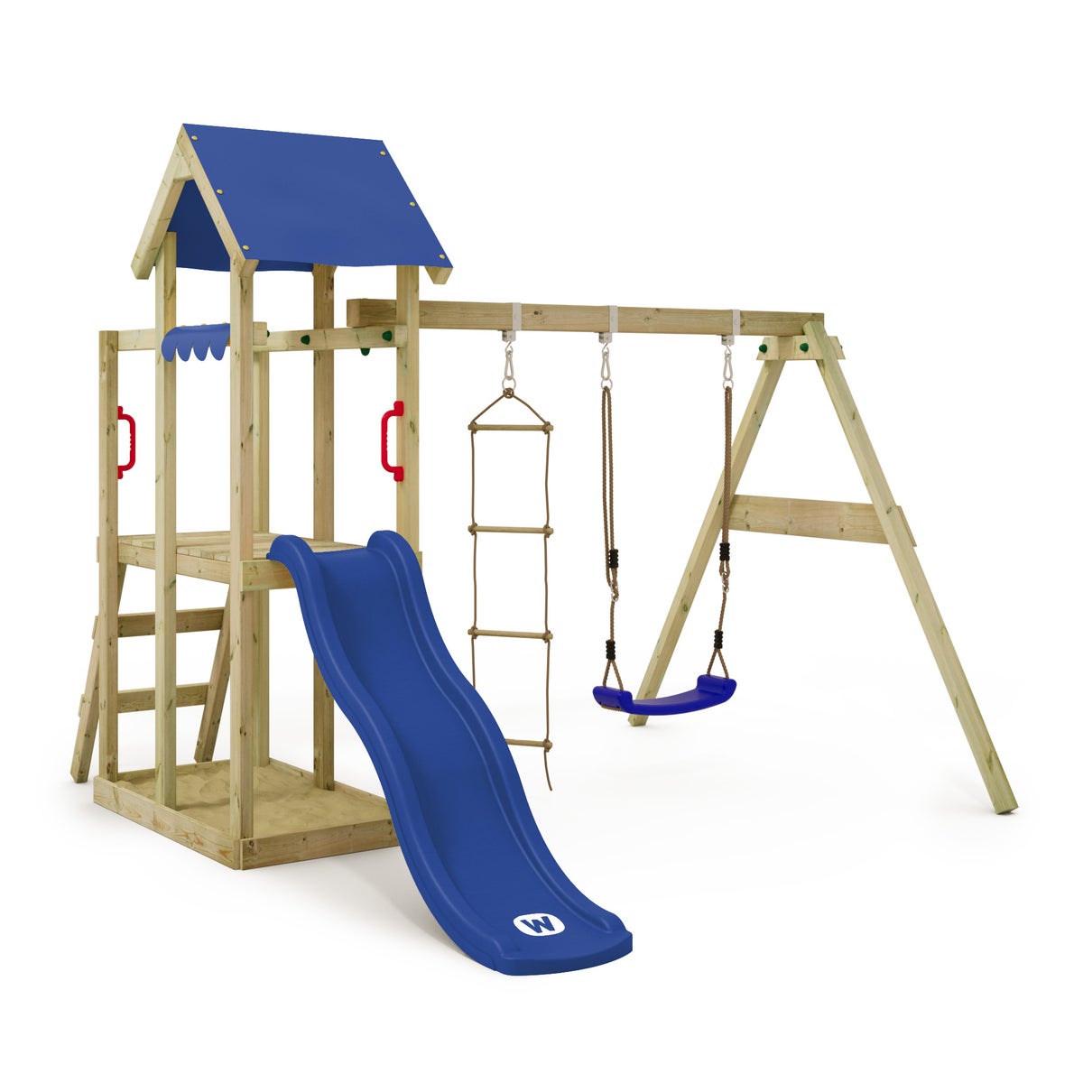 WICKEY TinyPlace Speeltoren Klimrek met Schommel en Glijbaan, Klimtoren met Zandbak, Ladder en Speelaccessoires - Blauw