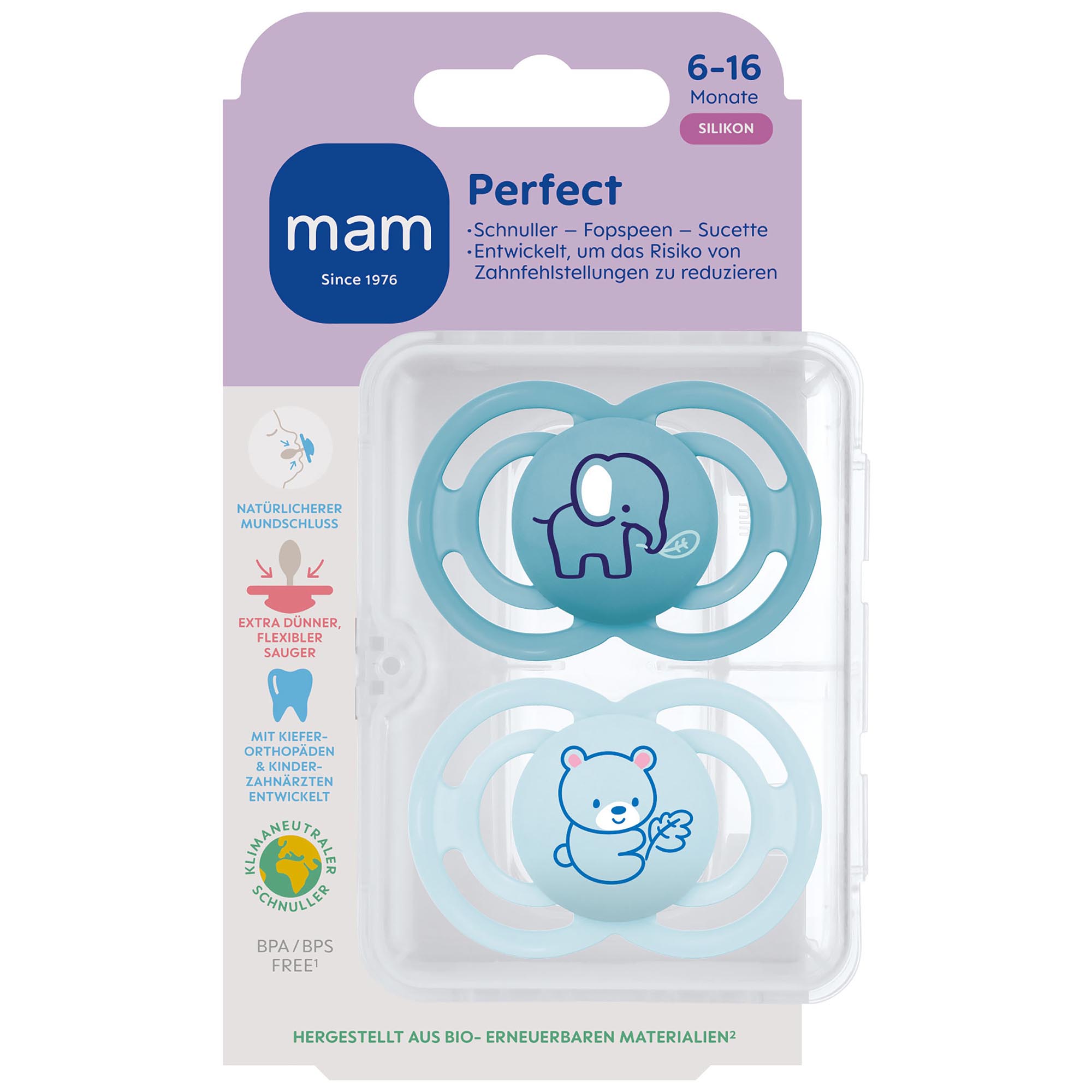 MAM fopspeen Perfect Silikon 6-16 maanden blauw