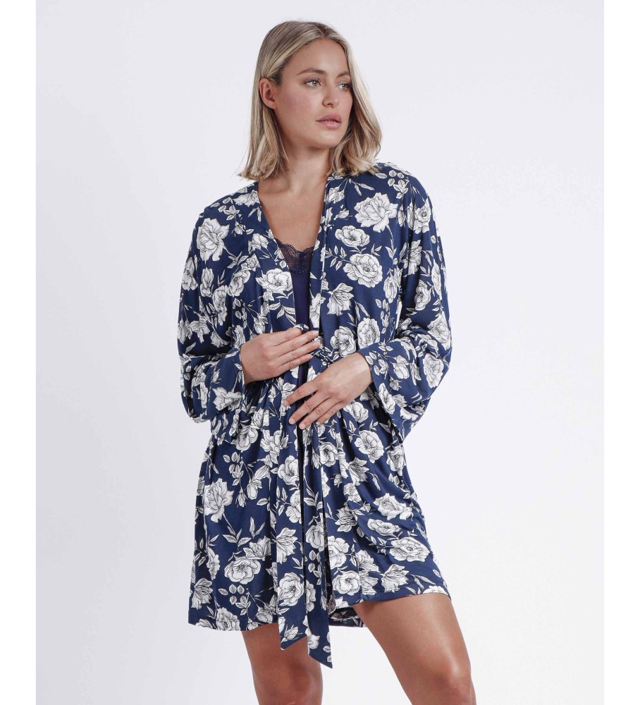 Robe Admas de manga comprida com estampa floral azul-marinho