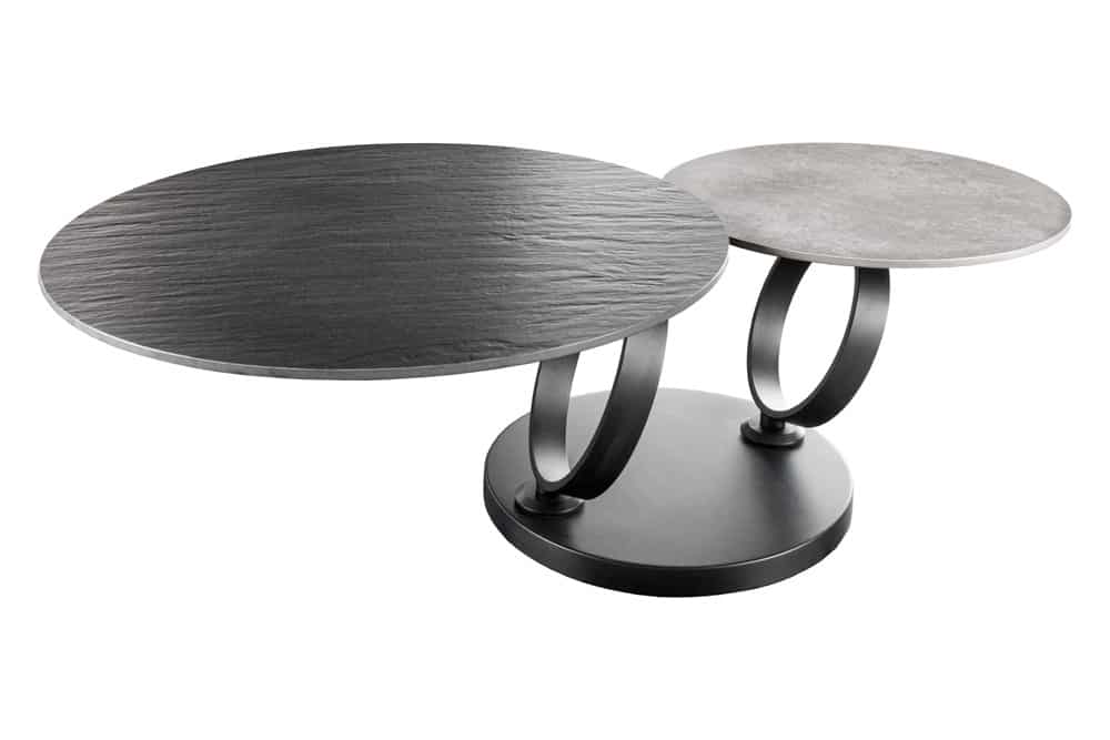 Design Couchtisch DANCING RINGS schwarz grau rund drehbar Keramik Metall