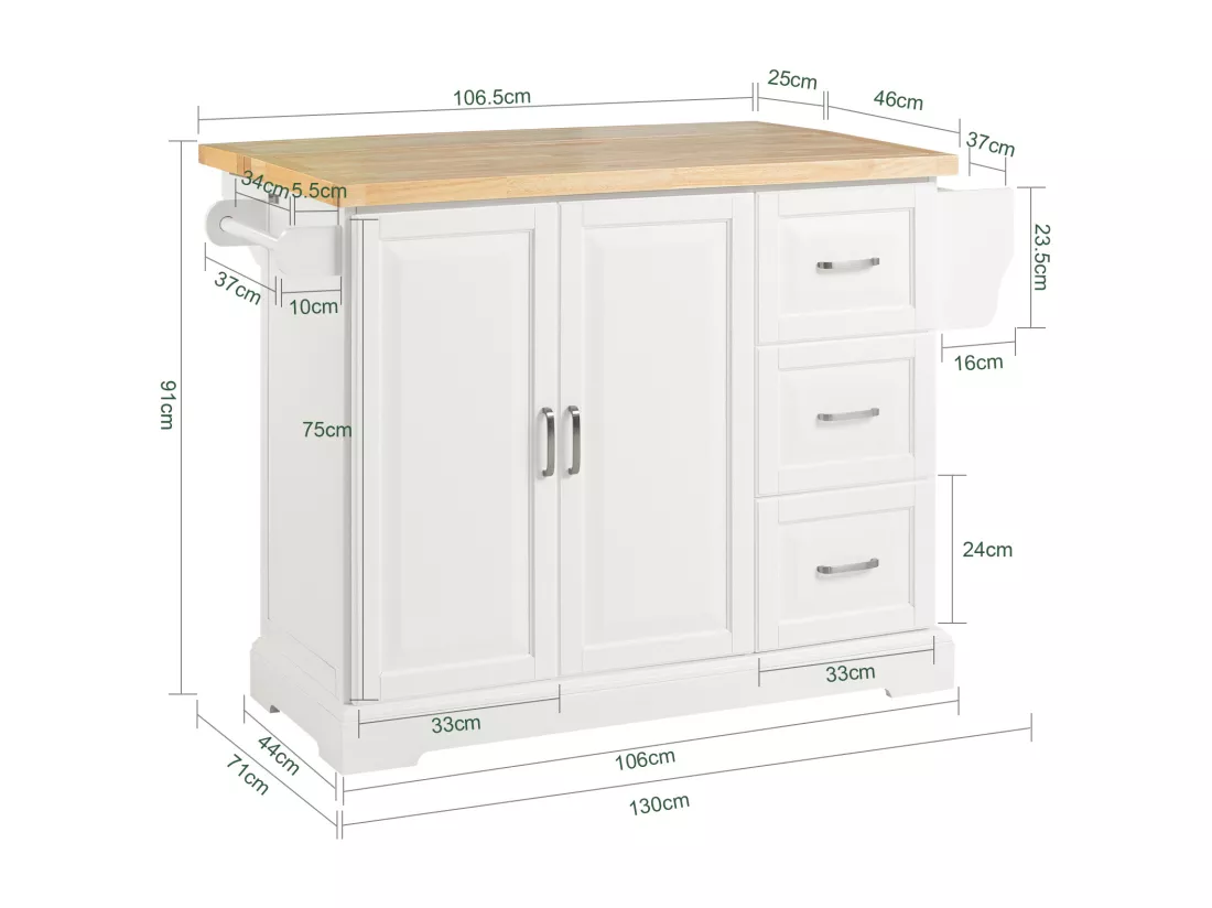 Desserte sur roulettes Meuble de Cuisine de Service en Bois Plans de Travail Rabattables, FKW41-WN