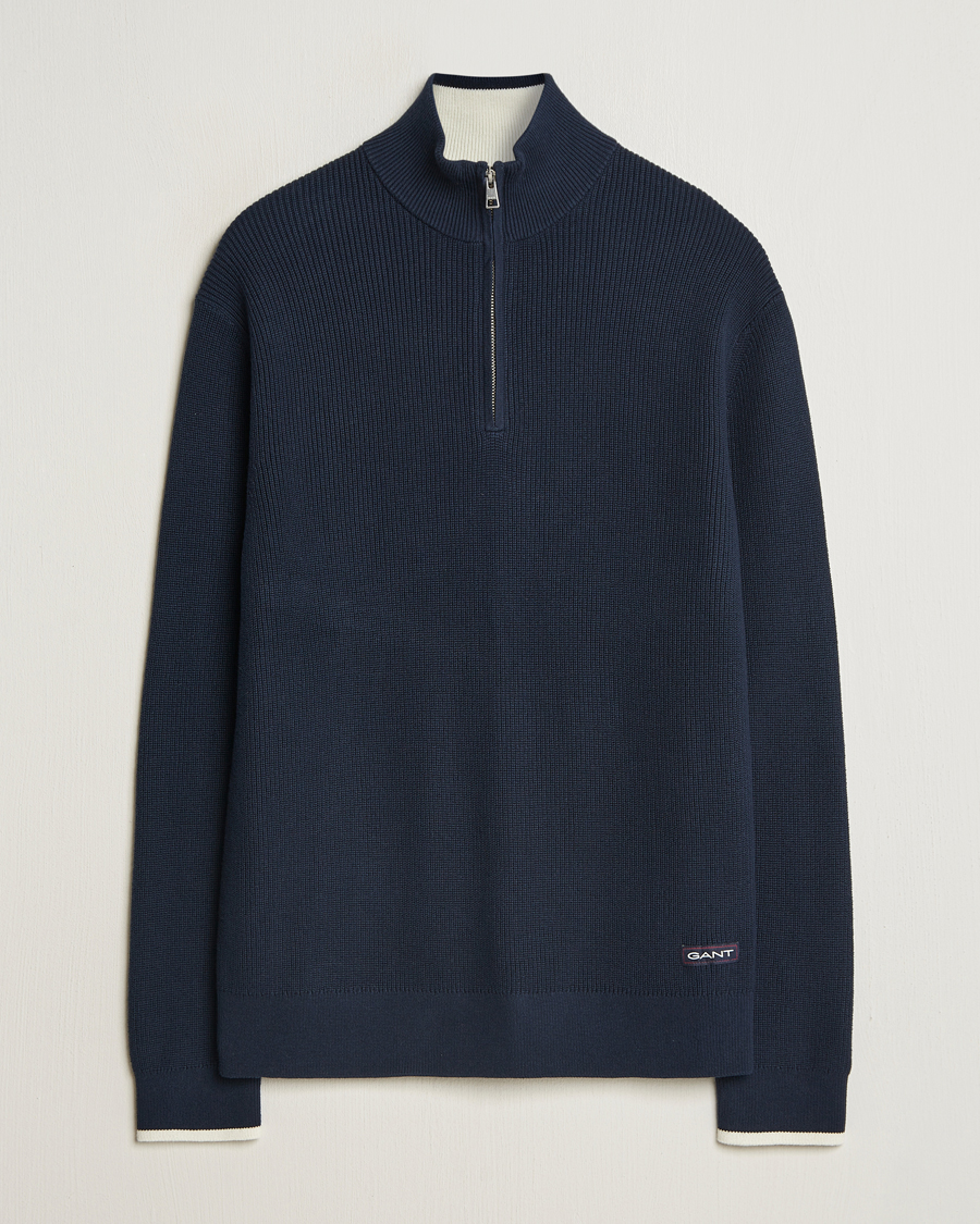 GANT Ribbed Cotton Half Zip Evening Blue