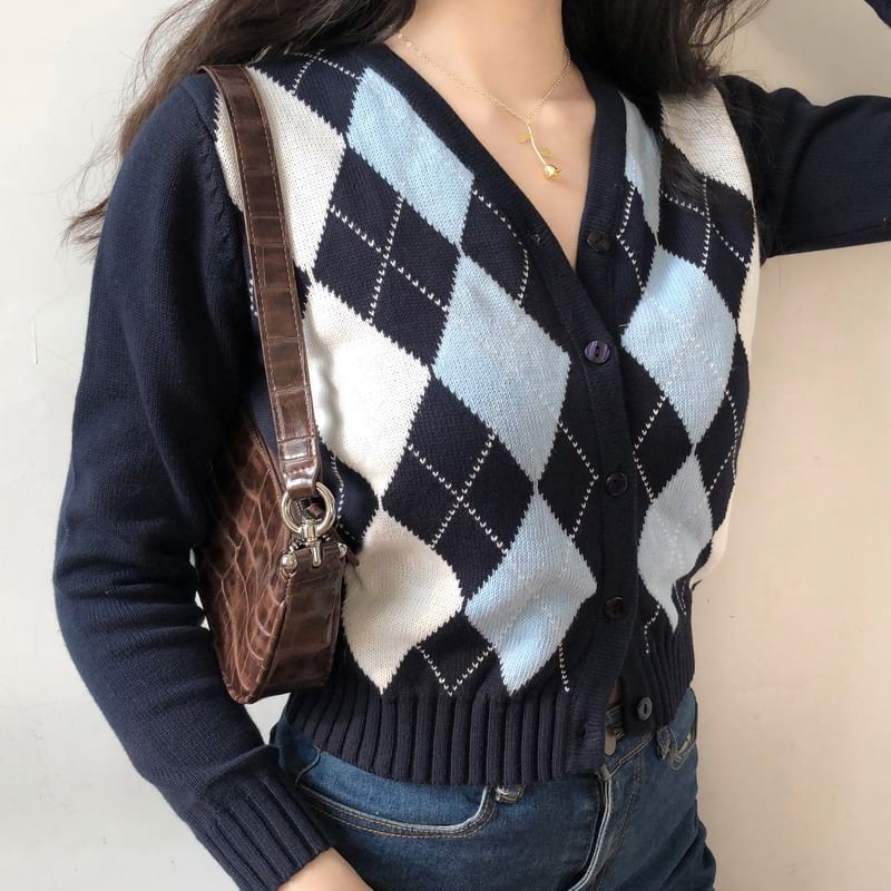 Sinora - V-hals Argyle Cropped Cardigan