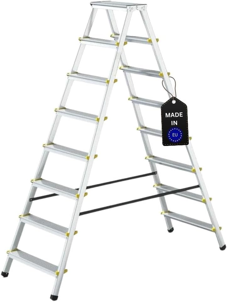 PROREGAL Economy Basic Trapladder, dubbelzijdig toegankelijk, 2 x 8 treden, werkhoogte 3,66 m, draagvermogen 150 kg