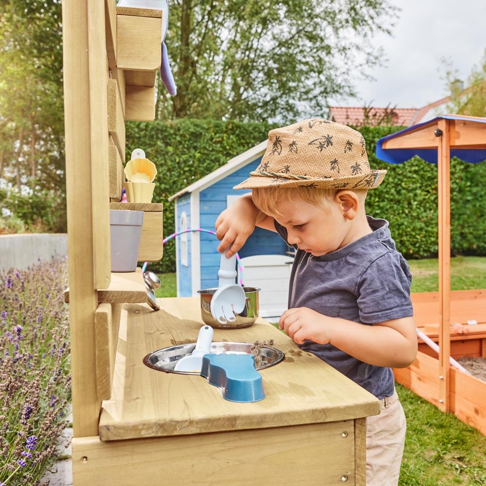 Home Deluxe - MANDU Modderkeuken - Afmetingen: 103 x 35 x 110 cm - Gemaakt van dennenhout, inclusief alle accessoires | Buitenspeelkeuken, speelgoed, kinderkeuken, buitenkeuken