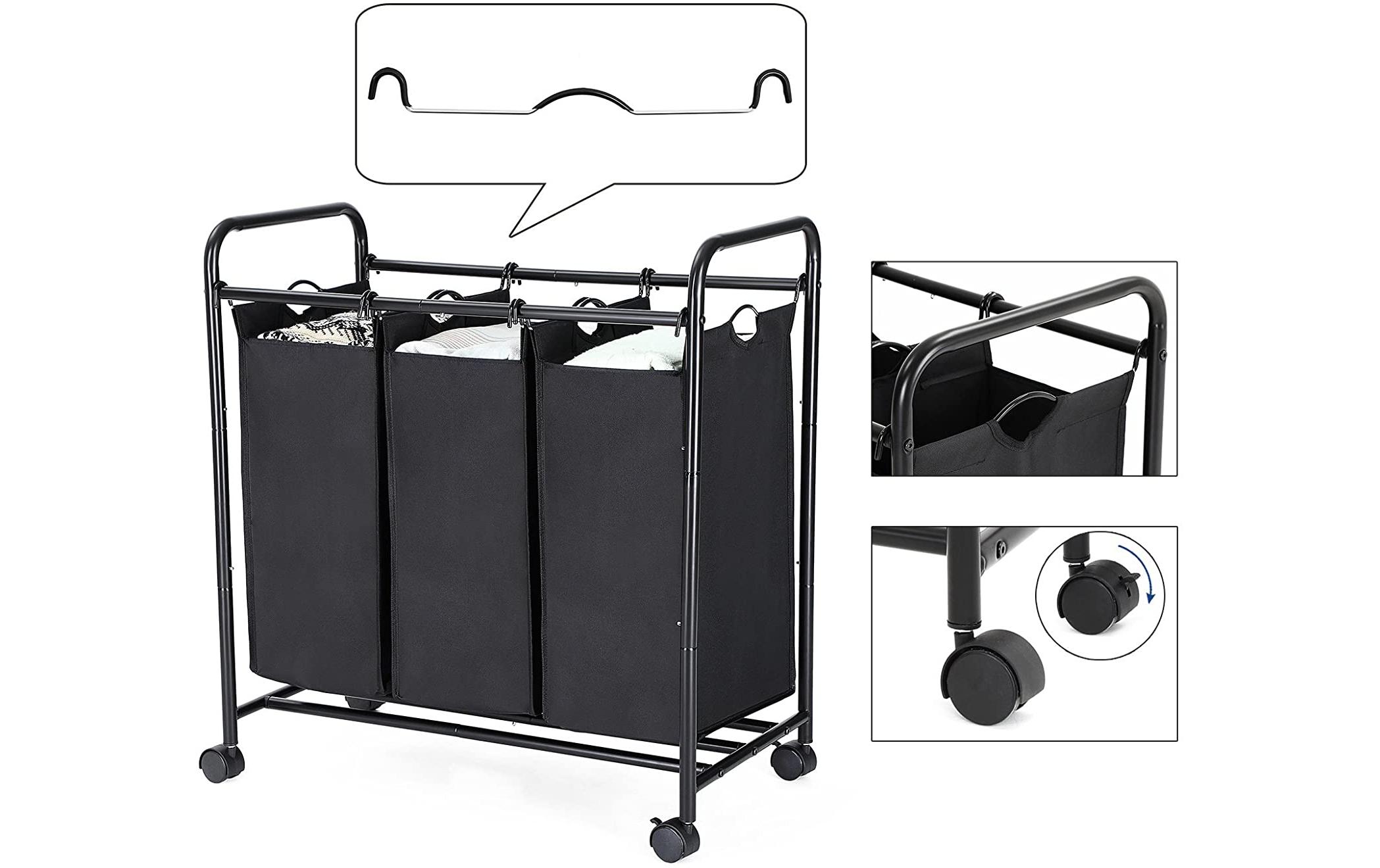 Wäschesammler 132 l, SchwarzWäschewagen mit 3 Fächern