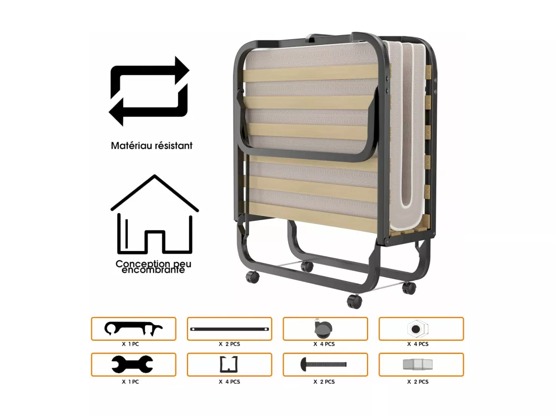 Lit Pliant, Lit Pliant d'Appoint avec Matelas en Mousse de 10 cm Épais, Lit Portable sur roulettes avec Structure Stable, pour Maison, Bureau et Camping, Fabriqué en Italie