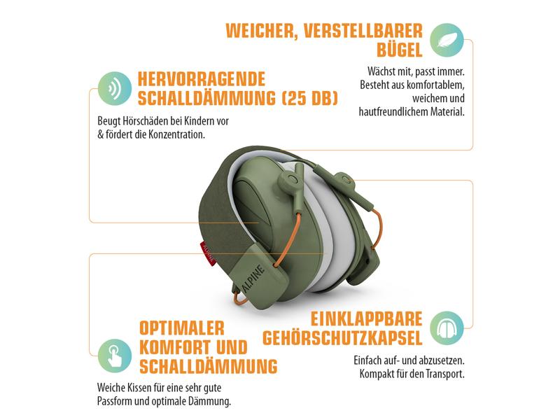 Alpine Gehörschutz Muffy Kids Olivgrün Hochwertige Kapselgehörschützer für Kinder